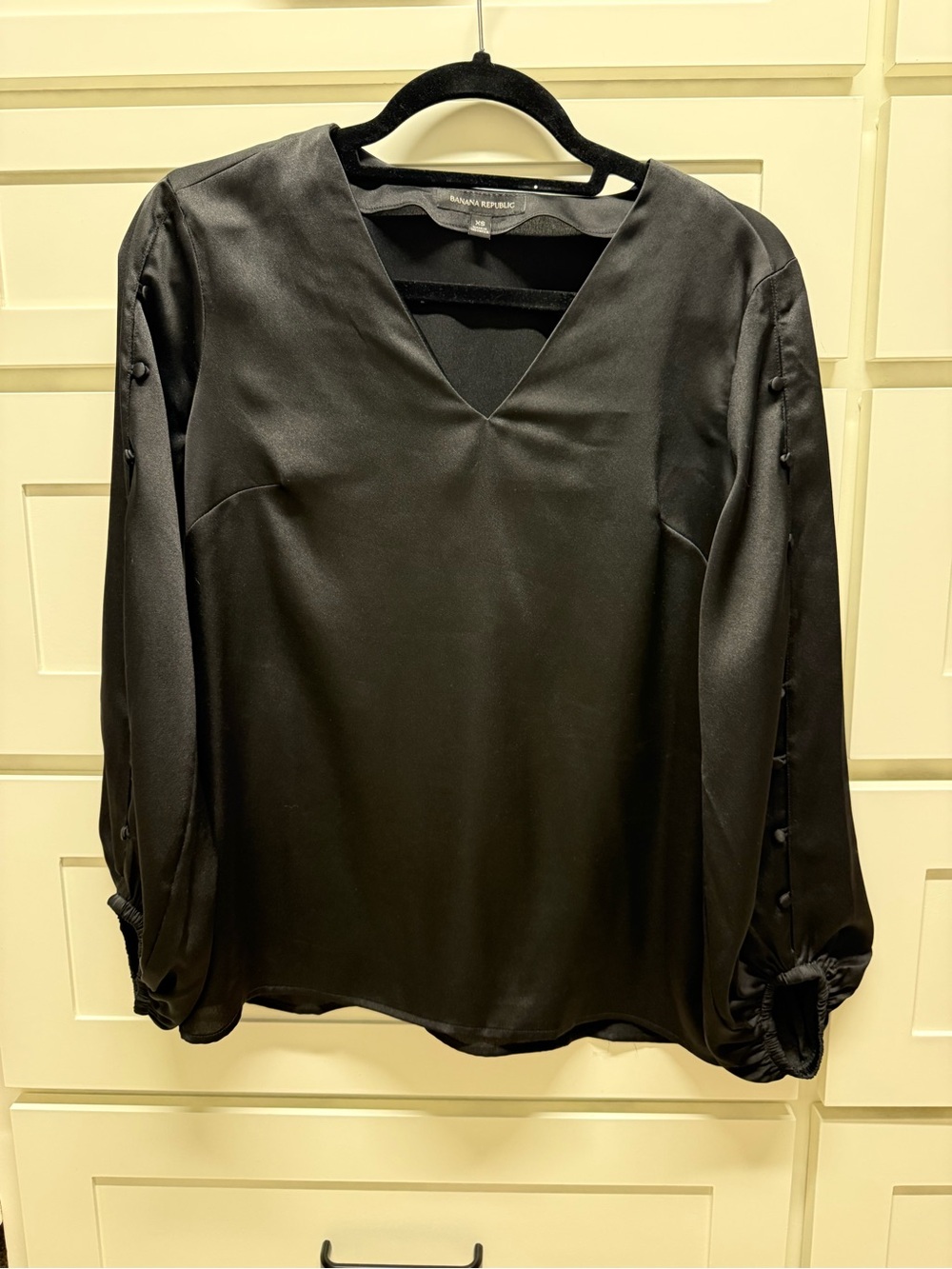 Banana Republic Black Satin V-Neck Button-Sleeve Blouse